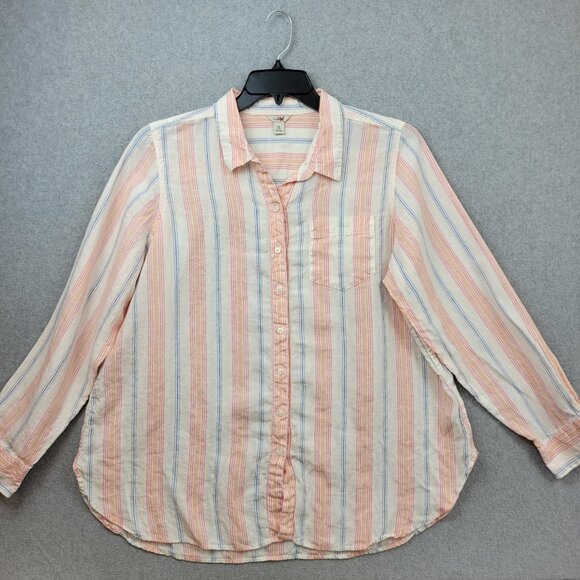 LL Bean Womens Linen Button Down Striped ShirtSize 1X Neutral Pastel Beachy - Picture 1 of 13